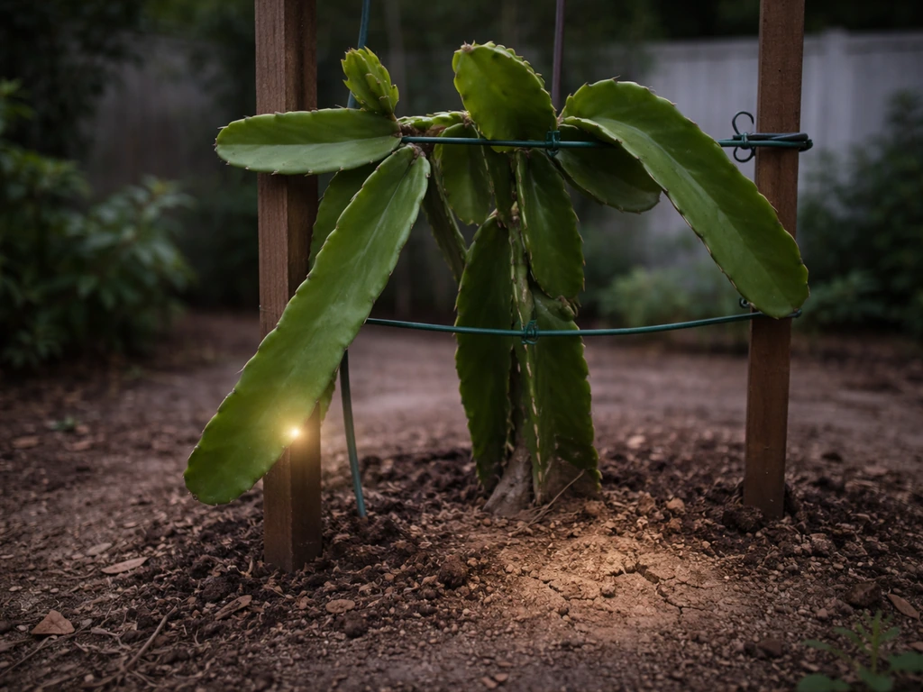Healthy dragon fruit plant on its trellis in a game-like garden, with subtle glitch-like stalling cues.
