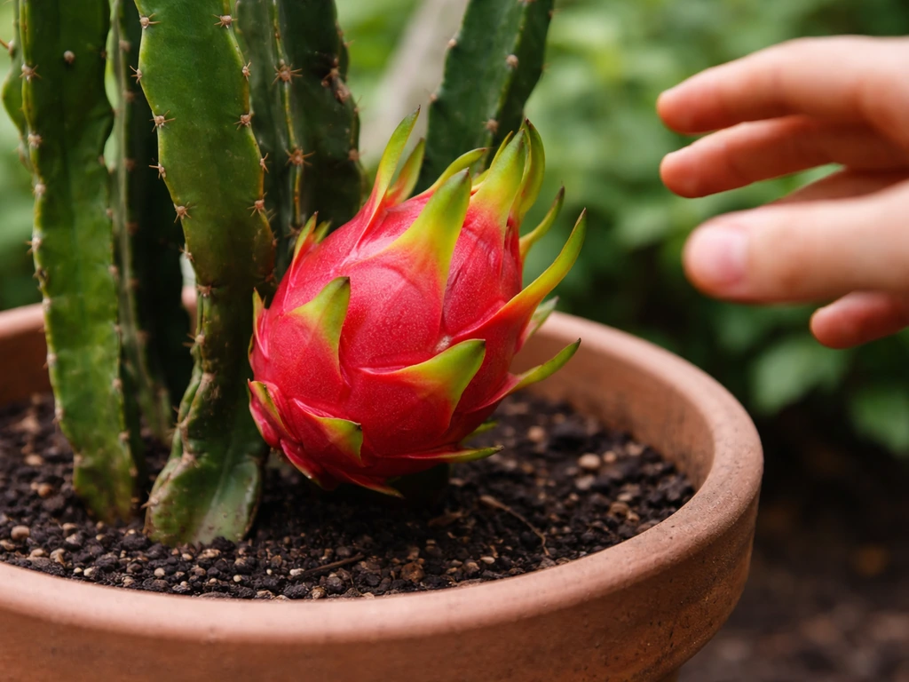 Close-up of a dragon fruit cactus with a fully grown-looking fruit that won’t harvest