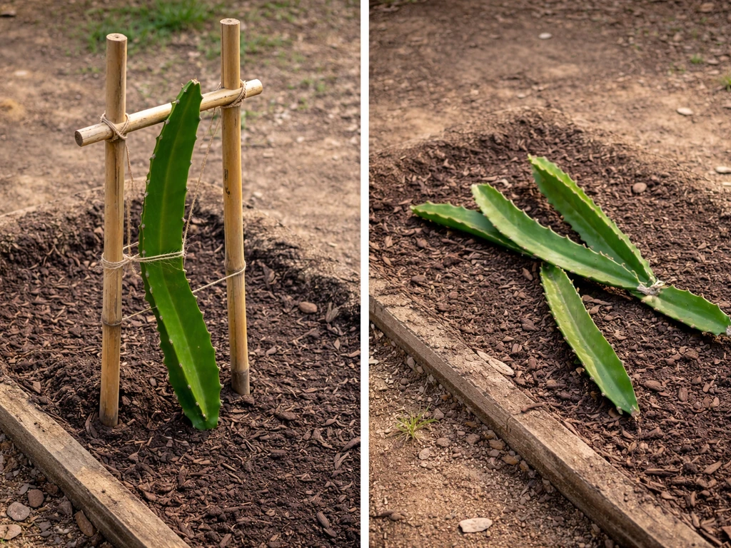 Dragon fruit plants with a correct trellis support versus nearby plants without support in a simple garden bed.