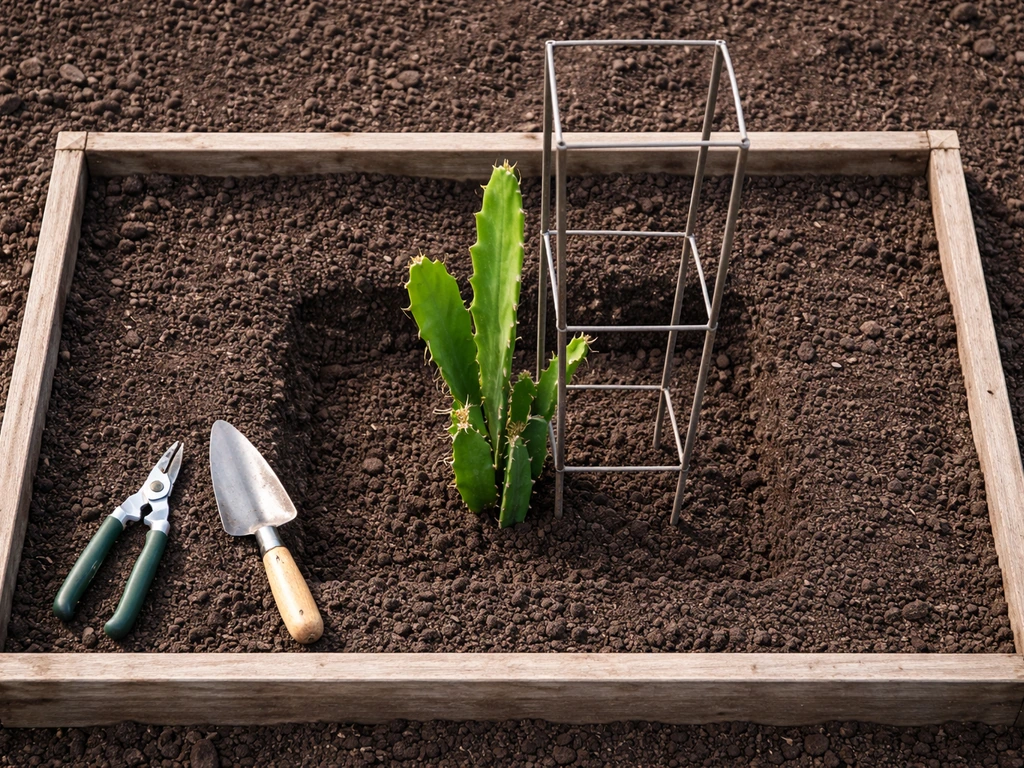 Top-down view of a garden plot with a dragon fruit trellis placed correctly, tools nearby