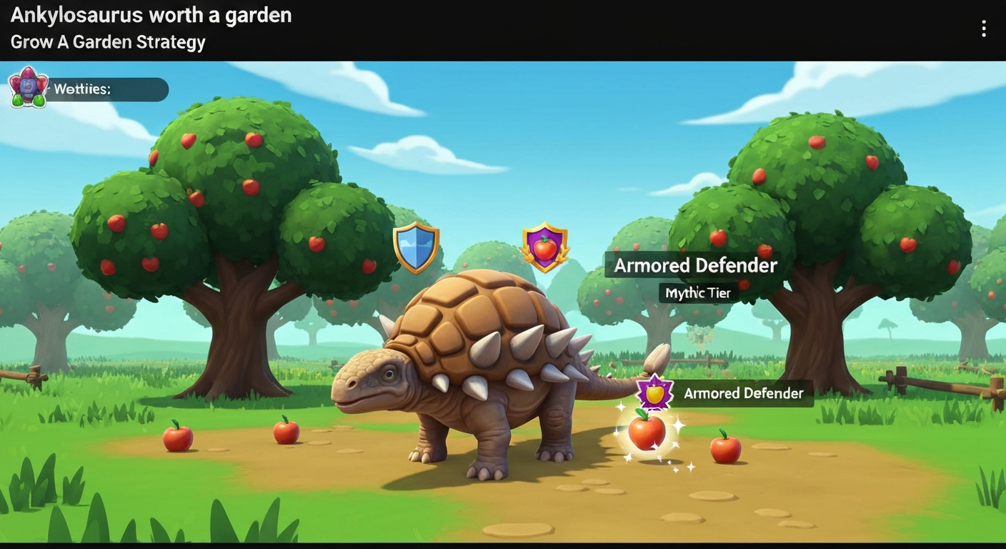 Colorful game-style Ankylosaurus pet on a small farm plot with a glowing shield icon and a shimmering duplicate fruit illustrating the Armored Defender refund mechanic.
