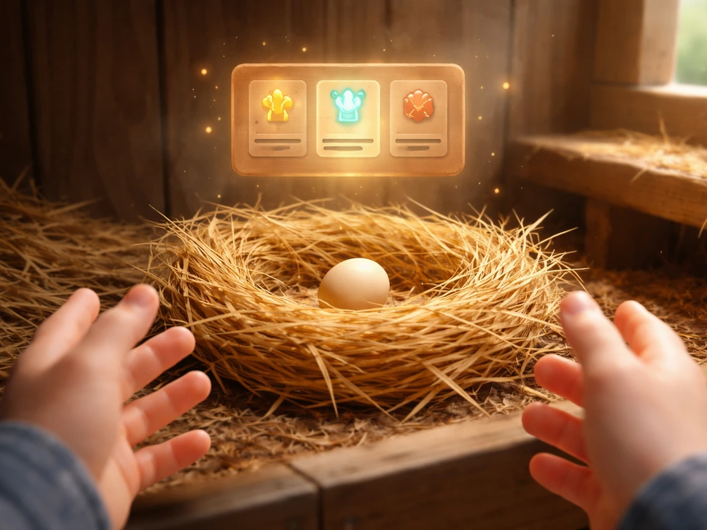 Hands upgrade a straw chicken nest in a wooden coop with a glowing in-game upgrade panel.