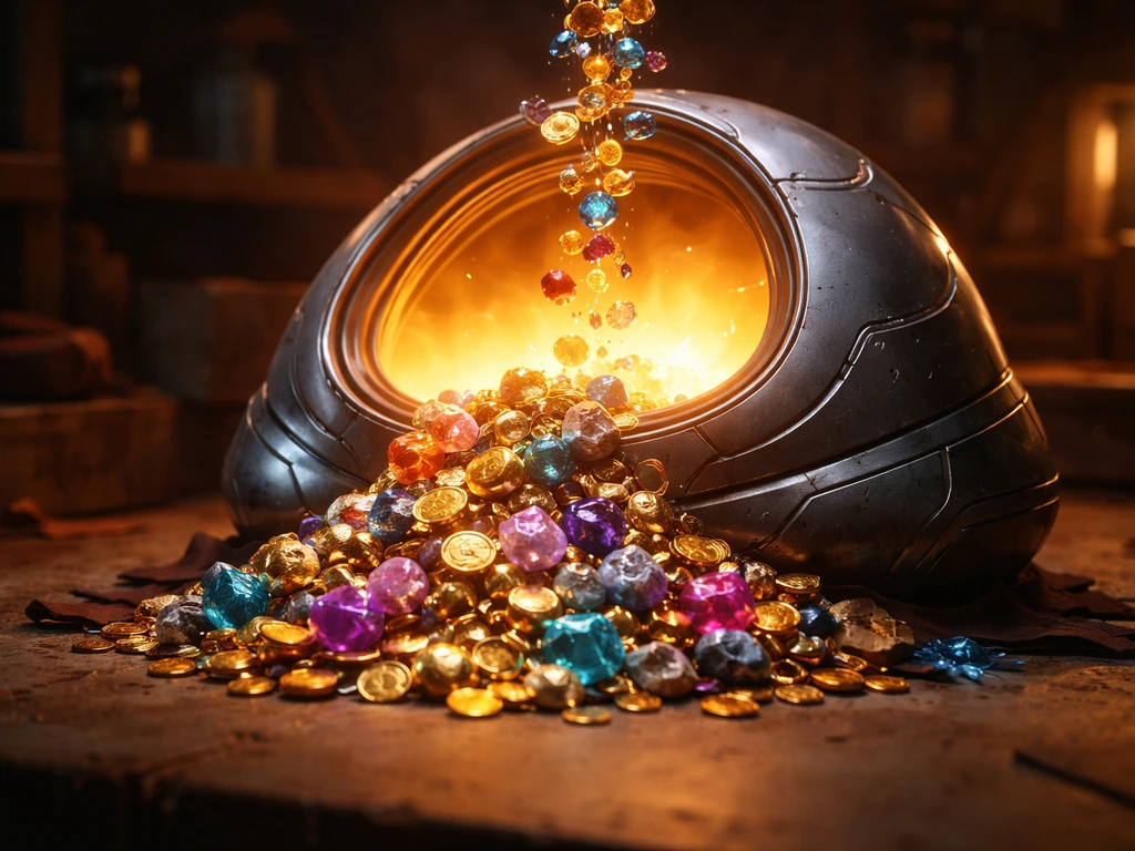 Minimal gaming-style scene with glowing coins and materials flowing into a craft nest area for upgrades.