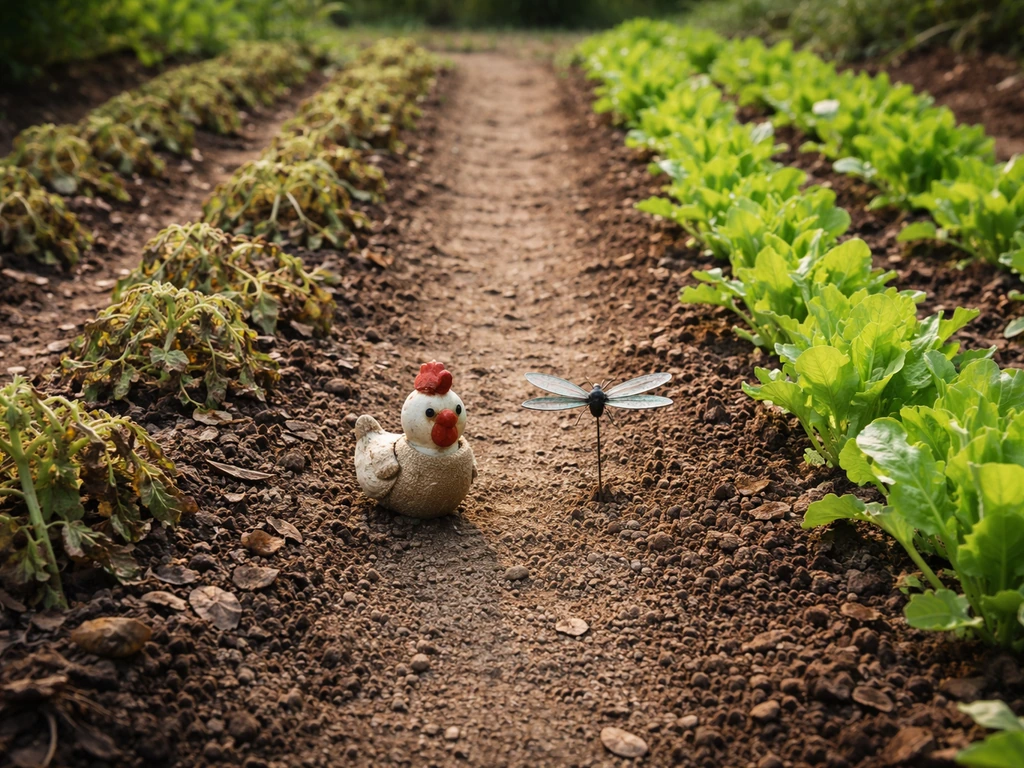 Garden rows split in two: one wilted and one lush, with small chicken and dragonfly props between.