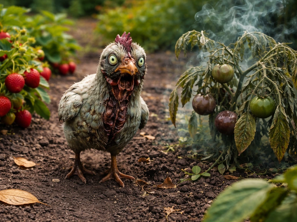 Close-up of an in-game style chicken-like zombie near fruit, with nearby crops showing a sudden zombified effect.