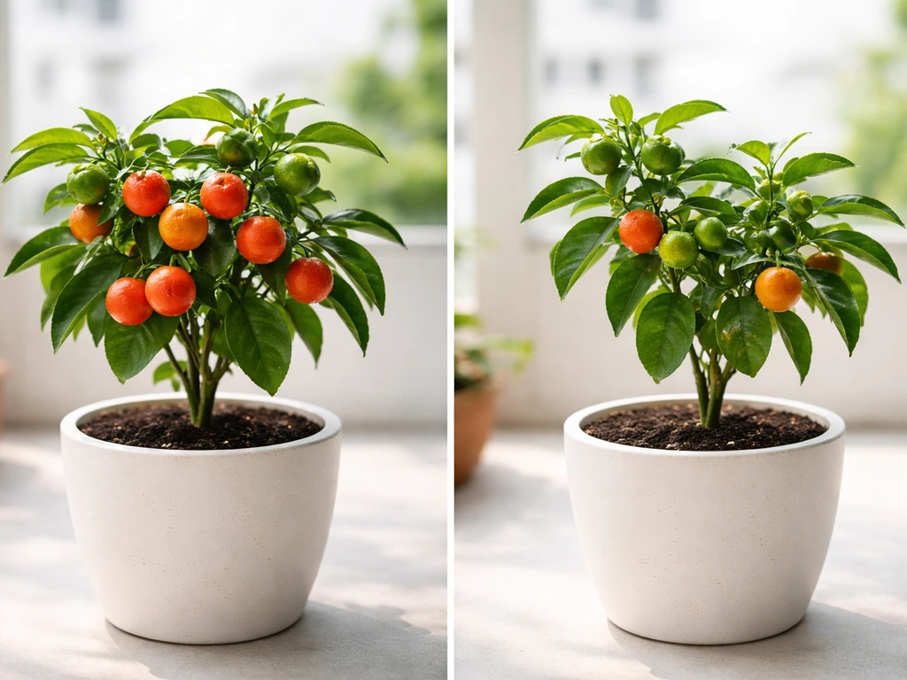 Split view of two potted fruit plants—one with more ripe fruits, suggesting faster harvest speed.