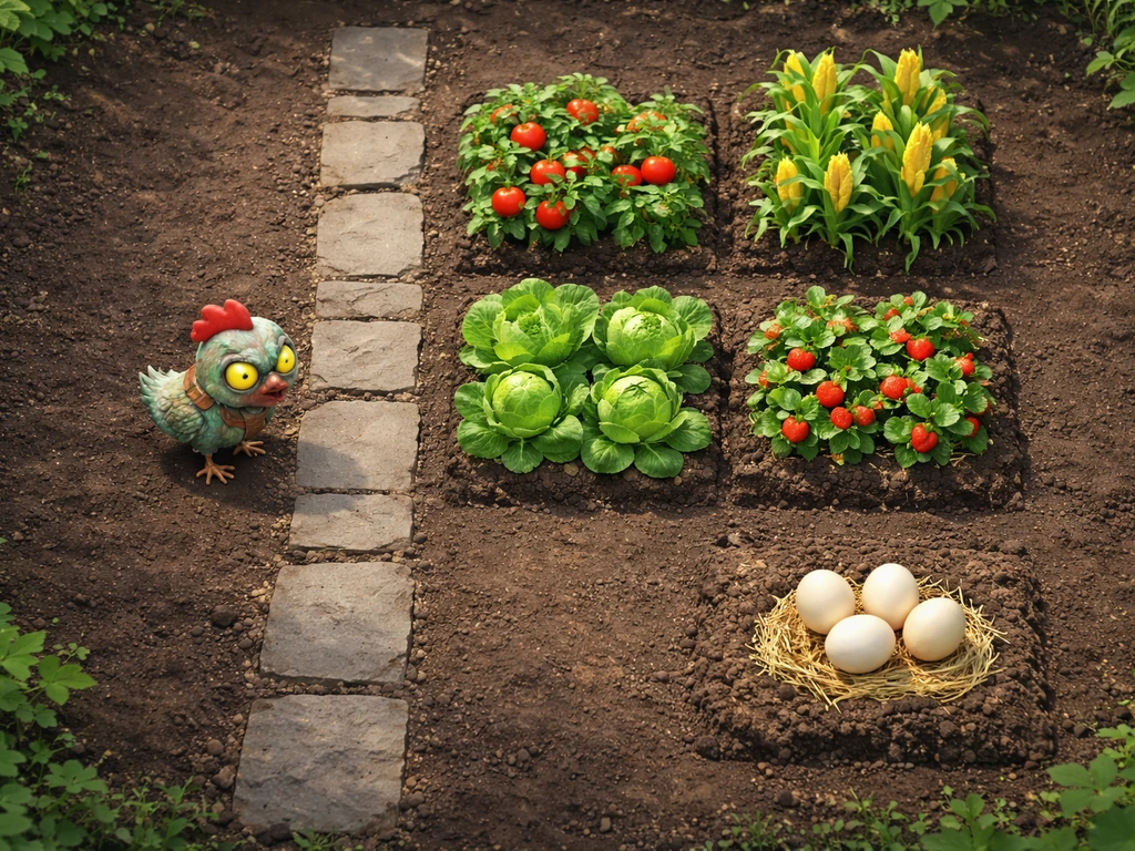 Top-down garden tile layout showing a chicken zombie near clustered high-value crops and nearby eggs.