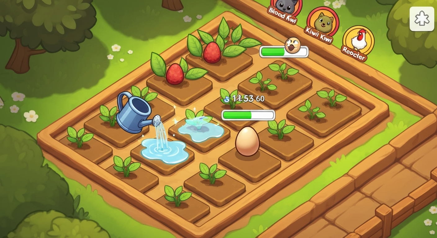 Colorful game-style garden: watering can creating a glowing puddle on crops, an egg on a separate tile with an unchanged hatch progress bar, and pet icons nearby.