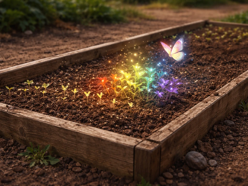 Butterfly hovering over small garden beds as golden sprouts shift into vivid rainbow growth.