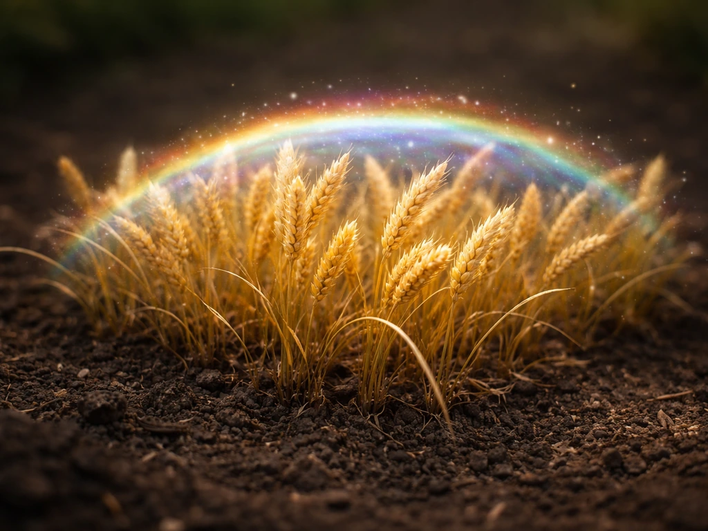 Minimal scene of a gold crop with a soft rainbow glow transforming across it in an in-game style