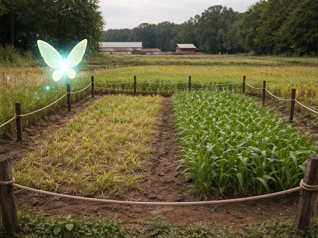 A glowing butterfly pet hovers beside a small fenced crop test plot showing before/after growth changes.