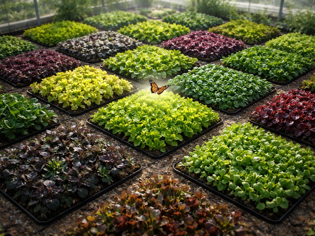 Top-down view of a compact crop grid with a small butterfly hovering near the highest-mutation area