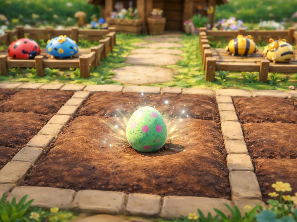 Bug Egg incubating on a farm plot with hatch-result pets nearby