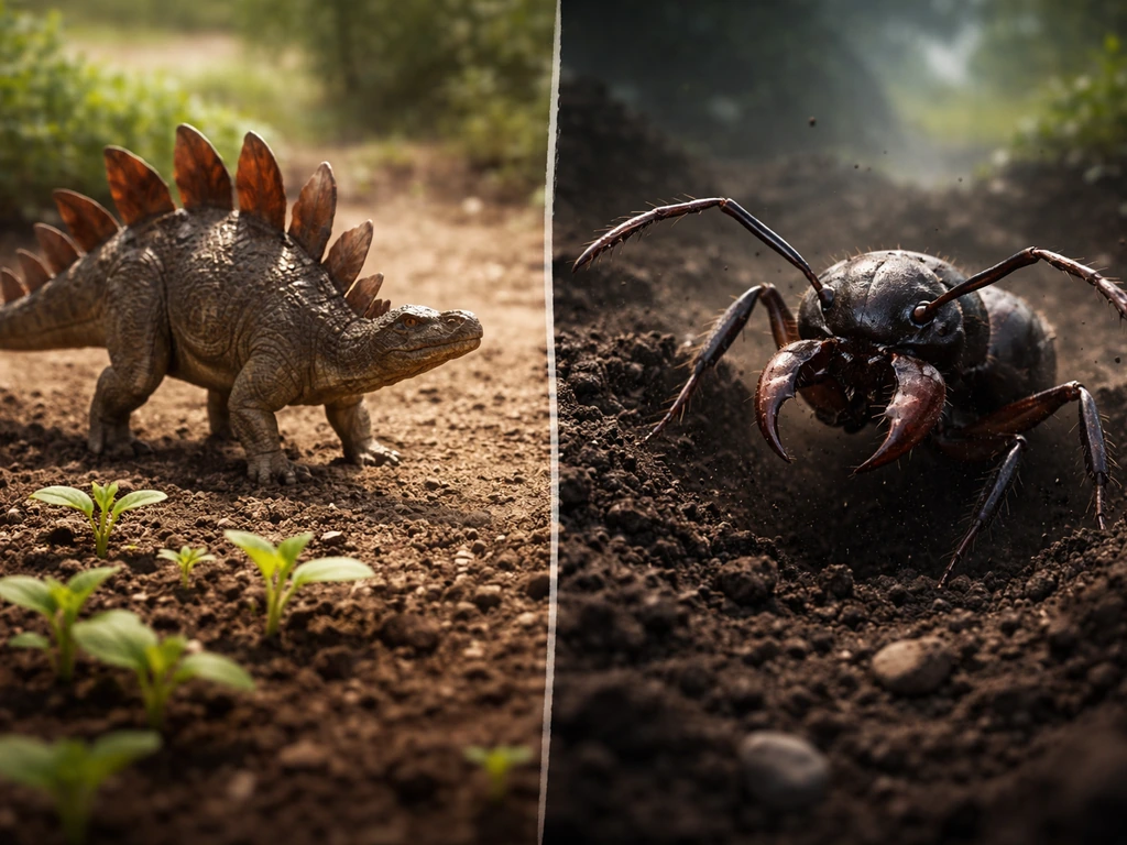 Split scene of a Stegosaurus facing a giant ant in a minimal garden yard.