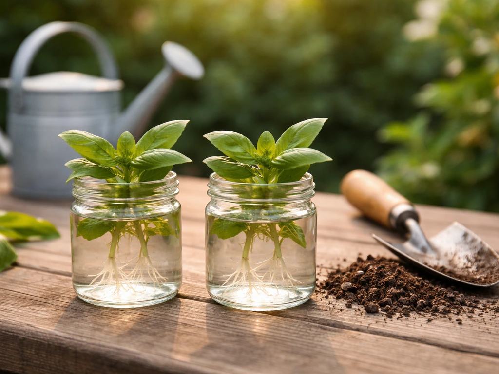Minimal photo of a garden workbench with two small plant cuttings in separate containers, showing harvest duplication vi