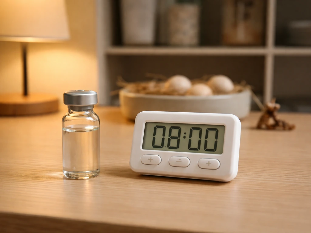 Sealed glass vial on a wooden desk beside an 8-hour timer, with a small hatch scene setup.