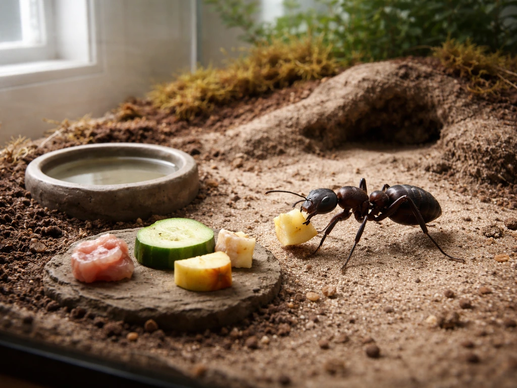 Close-up of a simple giant ant terrarium with soil, water dish, and an ant carrying food.
