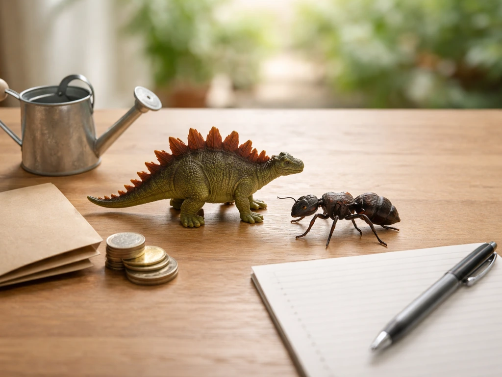 Minimal desk scene with two toy creatures and a simple checklist-like arrangement representing tier and trade utility.