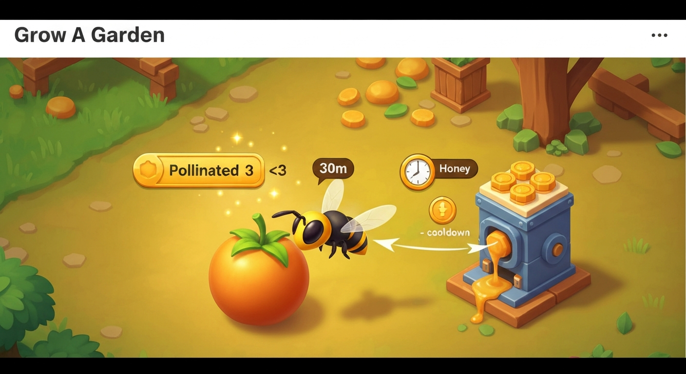 Isometric game-art of a Wasp pet pollinating a fruit with a glowing "Pollinated ×3" tag and a Honey Compressor in the background; shows a 30m timer and a sting cooldown effect.