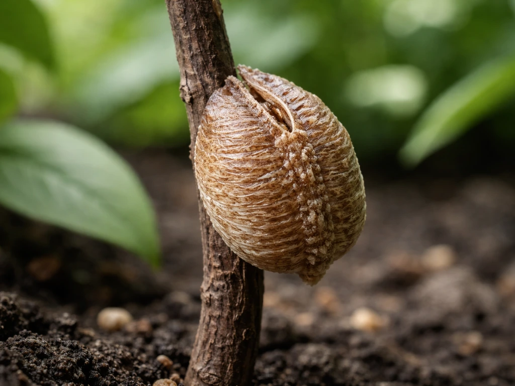 Close-up of a praying mantis ootheca attached to a stem in a garden bed with a barely emerging hatchling.
