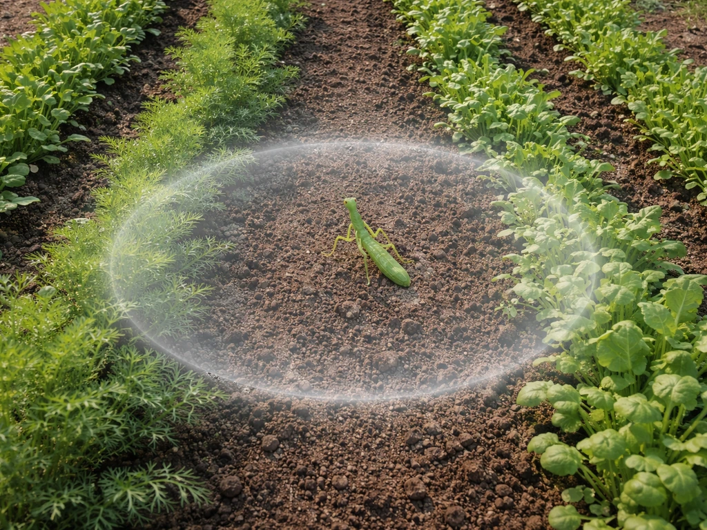 Top-down view of a toy mantis centered in a garden with a soft circular coverage area over dense crops.
