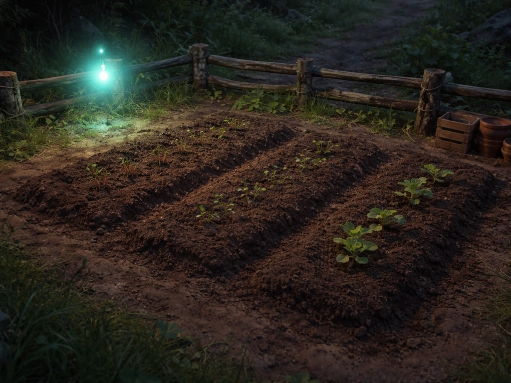 Garden plot with planted crops unchanged while a nearby will-o’-wisp glows, casting light but no growth effect.