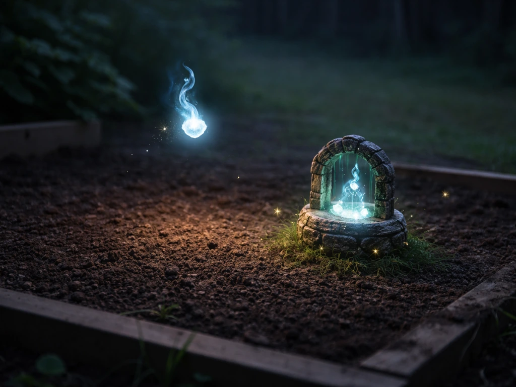A glowing wisp floating beside an empty garden bed while a small well emits soft light effects