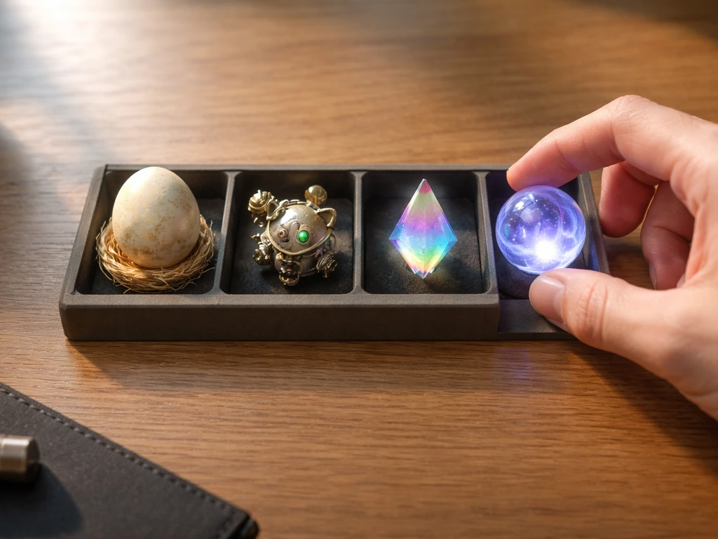 Overhead photo of a glowing orb pet token placed into an open slot beside other leveling items on a desk.