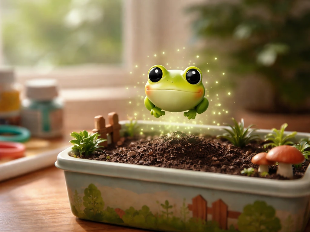 In-game frog pet surrounded by subtle green growth glow above soil, with blurred craft supplies nearby.