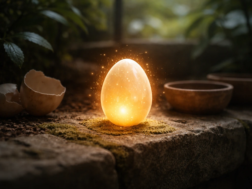 Minimal close-up of a game-themed egg-opening scene with a single glowing legendary egg in a dark garden setting.