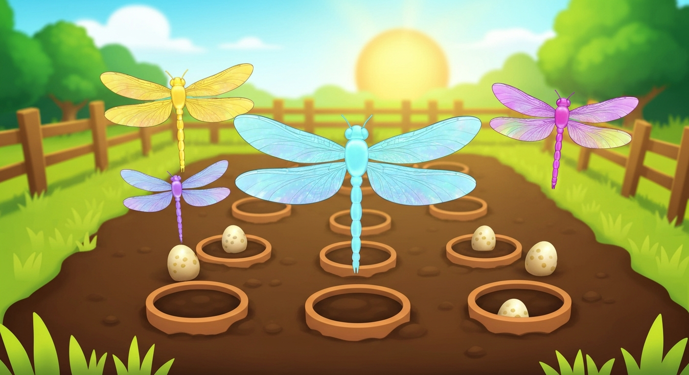Stylized game-art banner of the Dragonfly pet with Golden, Silver, and Rainbow variants above a garden with bug eggs and incubator slots.
