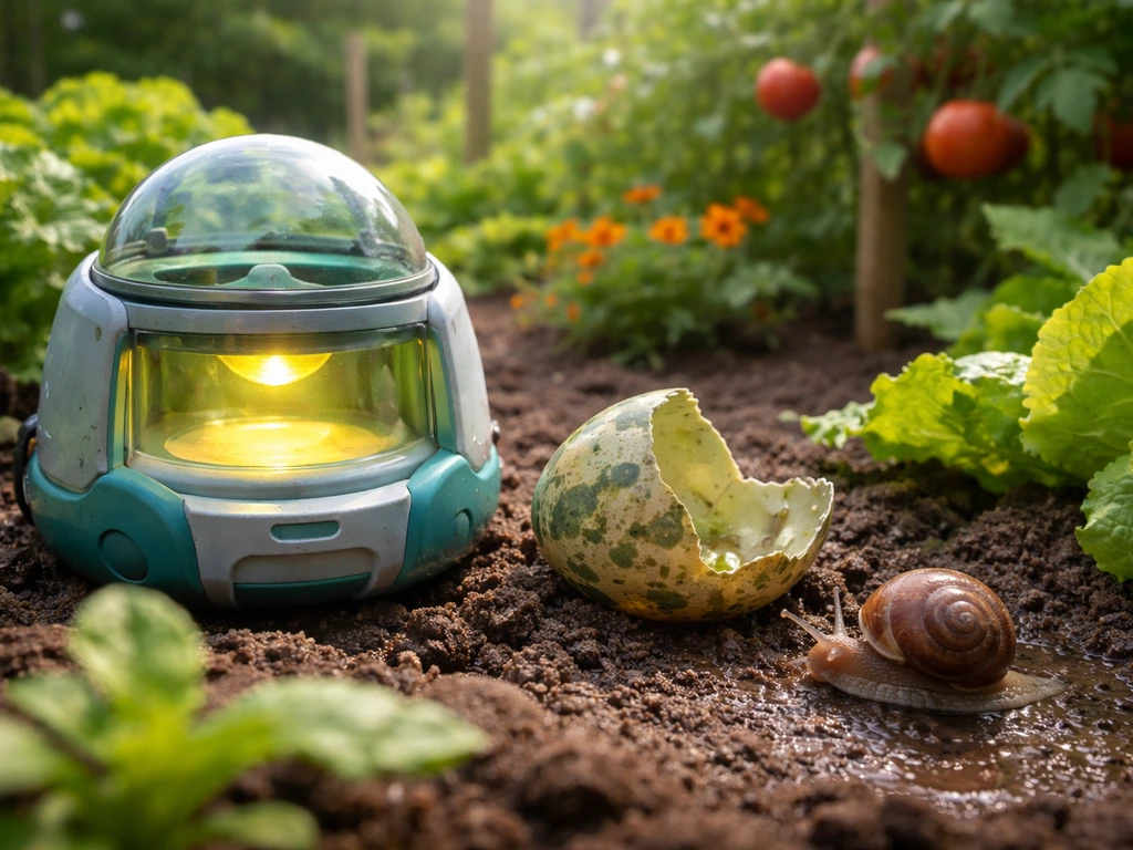Egg incubator hatching scene with a garden snail on crops
