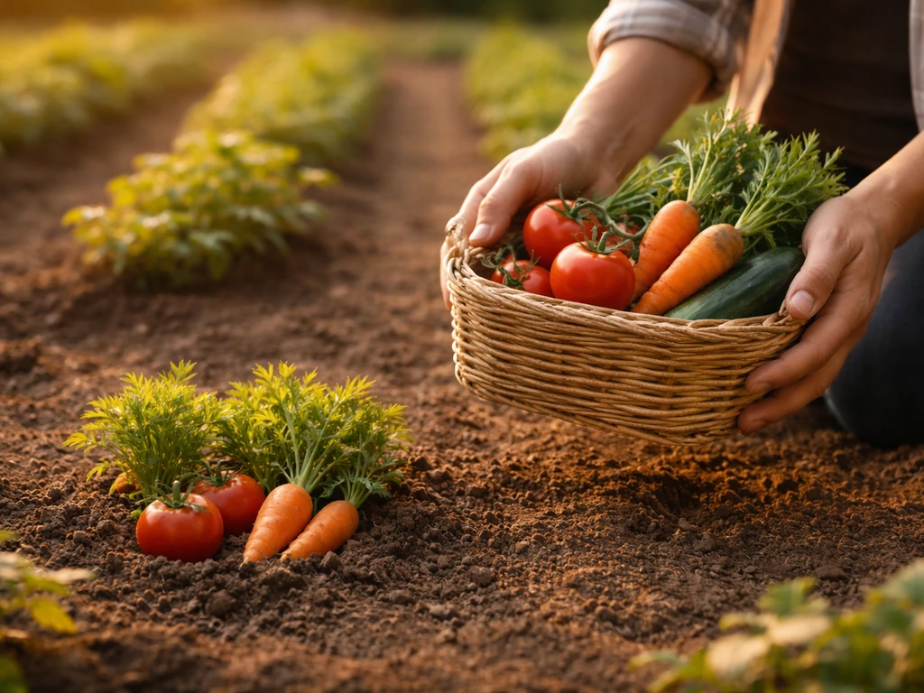 Anonymous hands harvest crops in a simple field as extra crops pop back into the basket.