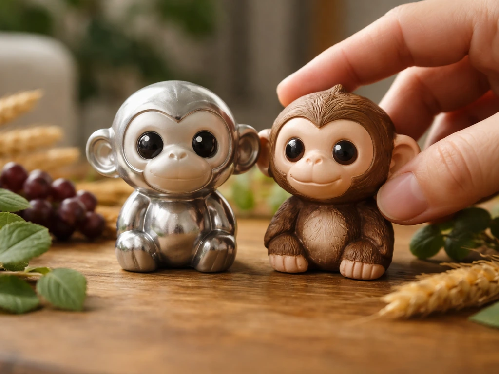 Toy silver monkey beside a regular monkey figurine during a simple harvest-themed tabletop scene.