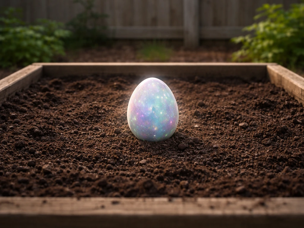 In-game garden plot with a Mythical Egg resting on soil, implying incubation and growth vs hatching.