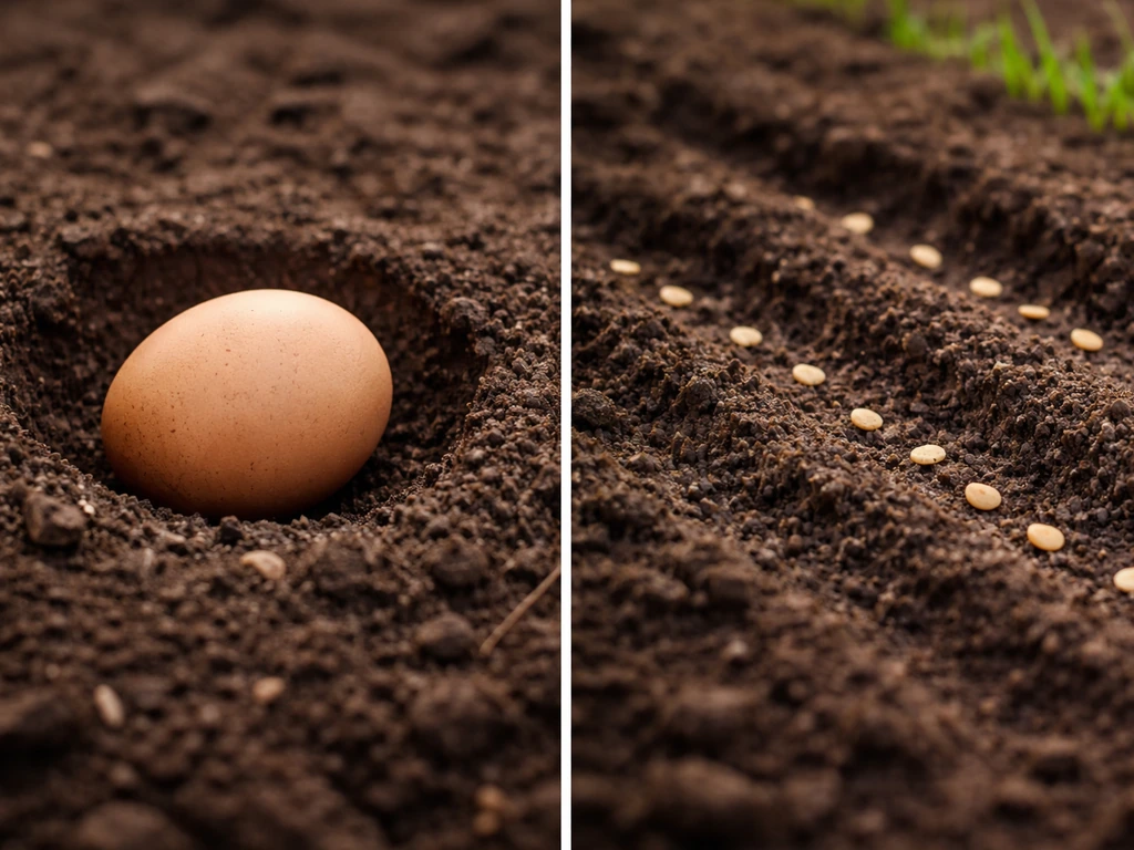 Egg in soil beside planted seeds in shallow rows with faint green sprouts in the background.