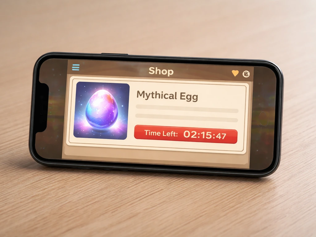 Phone screen showing a Pet Eggs shop listing with a visible stock/purchase timer for a Mythical Egg.