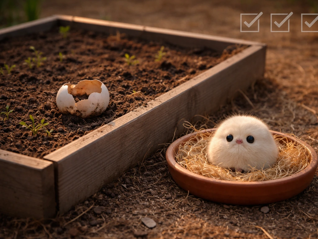 Garden plot with a cracked egg on soil, empty bed, and a second safer setup with a small pet-like hatchling nearby.
