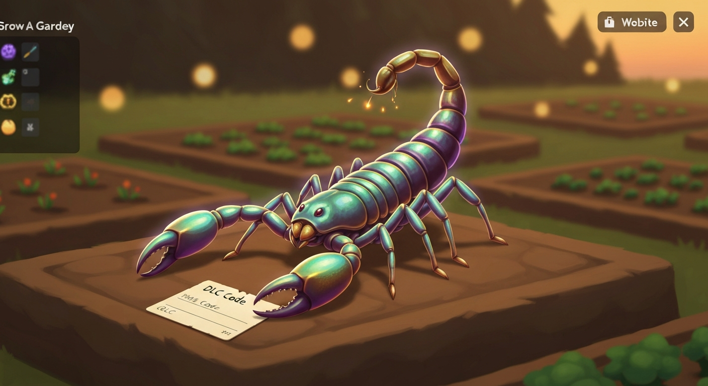 Prismatic Giant Scorpion perched on a garden plot with a DLC code card nearby, glowing rainbow highlights.
