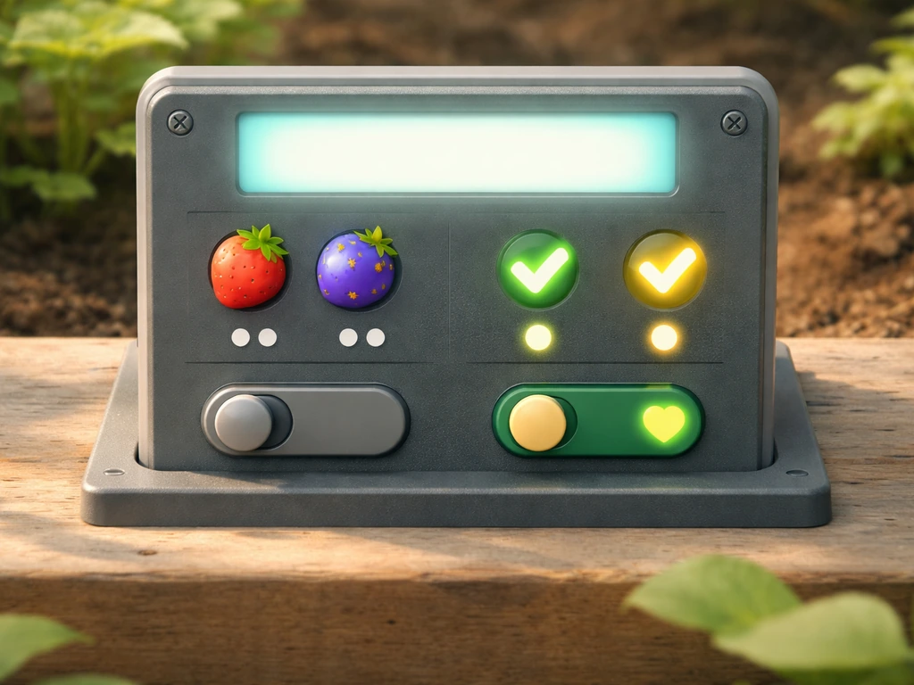 Minimal garden game UI showing fruit count, mutation status lights, and off/on unfavorite toggles