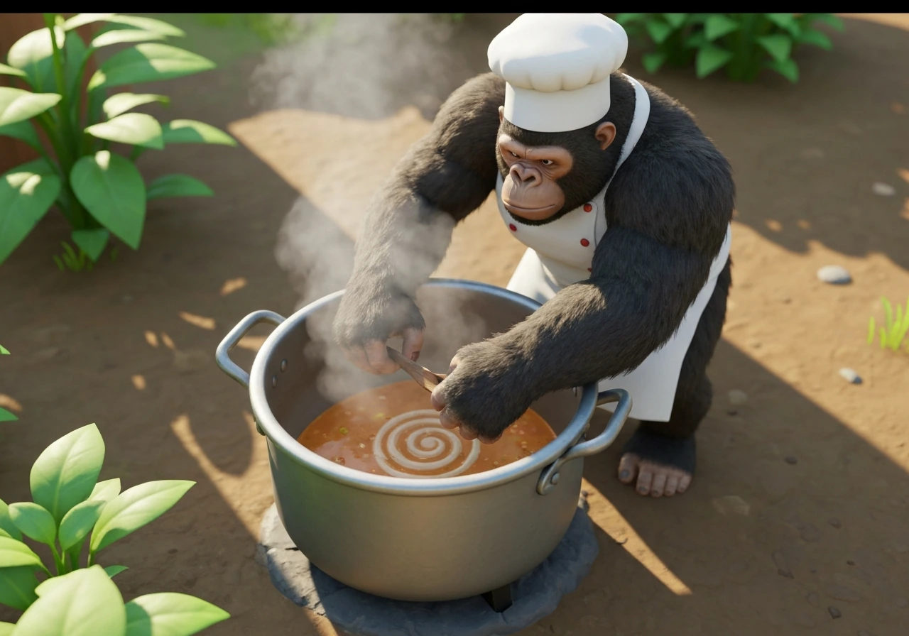 Gorilla chef in a garden using a cooking pot in Grow a Garden, cauldron steaming in-frame
