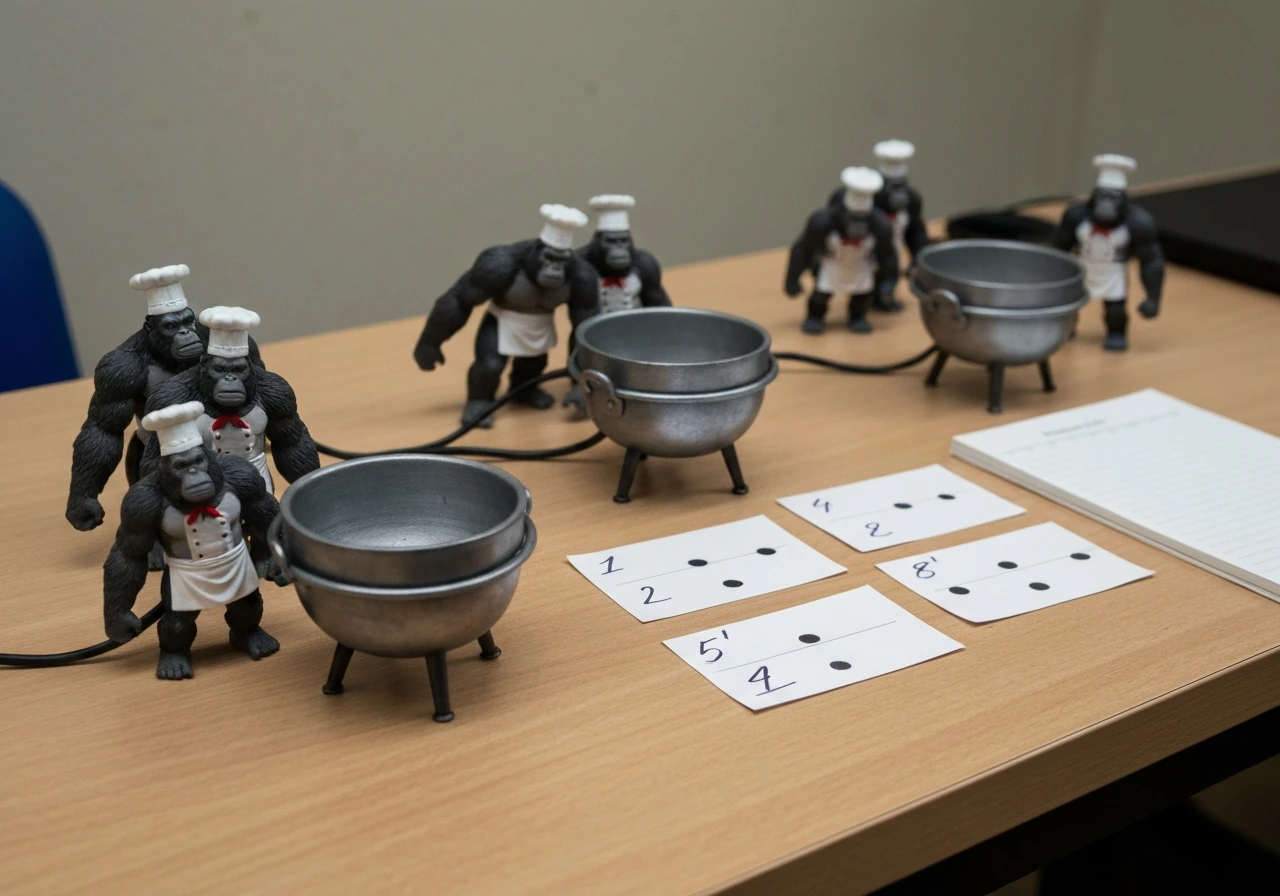 Minimal tabletop scene with three cooking cauldrons, multiple gorilla chef figurines, and numbered recording cards.