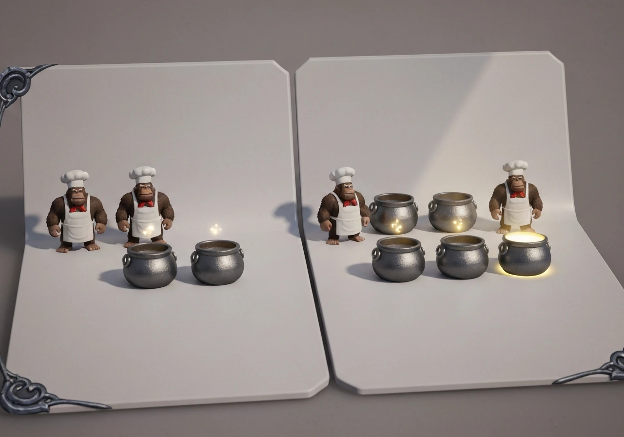 Minimal in-game style card showing a stacking setup comparison of gorilla chef and cauldrons