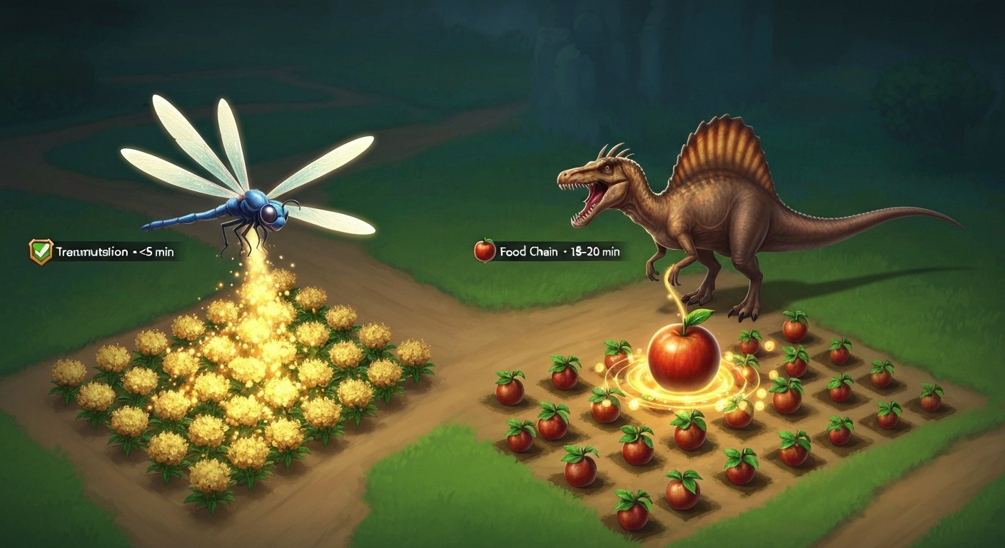Illustration of a dragonfly pet converting many crops to glowing gold while a spinosaurus funnels mutation orbs into a single supersized fruit, with small labels showing their ability names and timings.