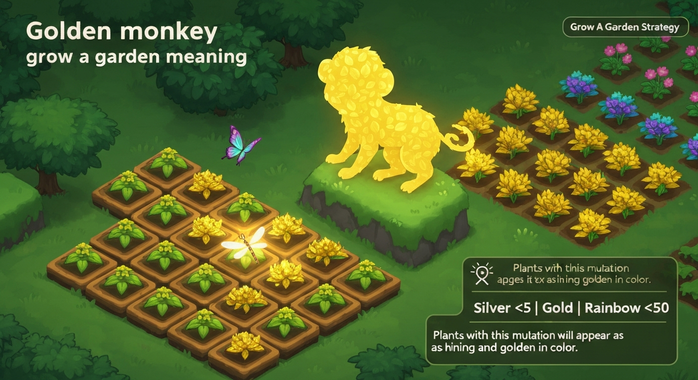 Hero illustration: stylized golden-monkey silhouette overlooks an isometric farm with gold-shining crops; a dragonfly and butterfly are present; UI overlay shows Silver ×5, Gold ×20, Rainbow ×50 and a gold-mutation tooltip.