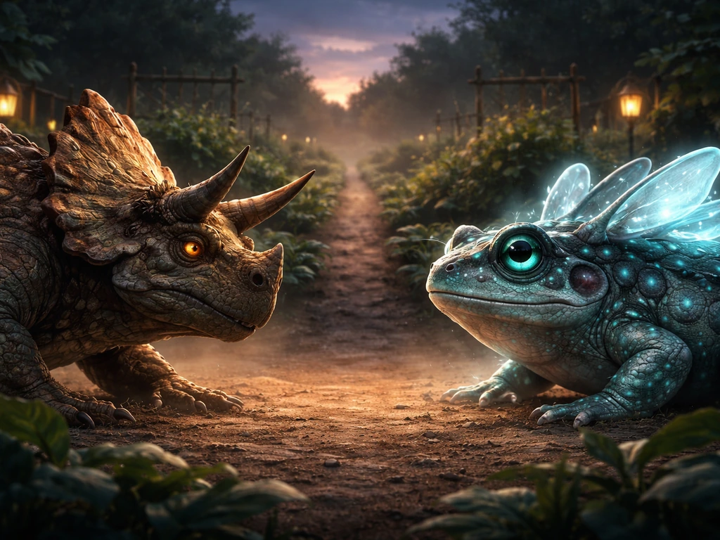 Triceratops and Echo Frog face off in a high-contrast garden farm dusk arena.