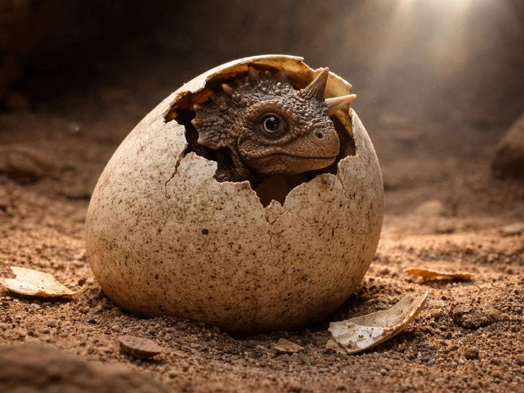 Triceratops hatchling emerging from a cracked dinosaur egg in a sandy prehistoric cave.