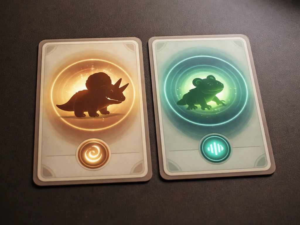 Two adjacent fantasy pet cards on a dark tabletop showing triceratops-like and echo-frog-like creatures.