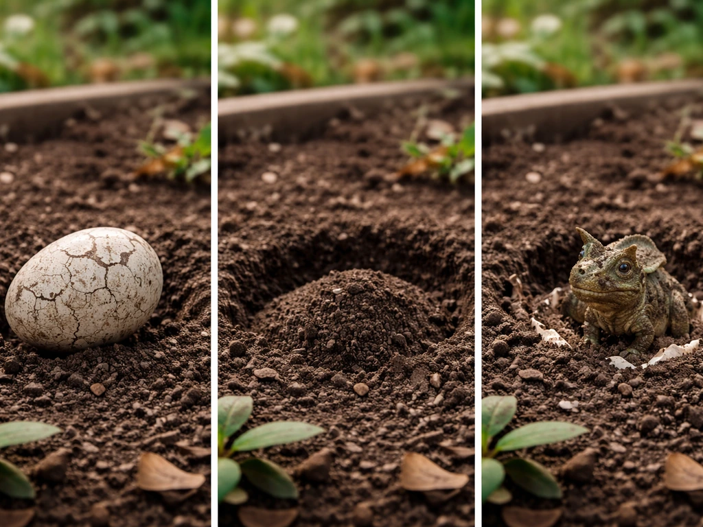 Three-frame sequence photo: dinosaur egg on soil, placed in garden slot, then a baby triceratops hatch.