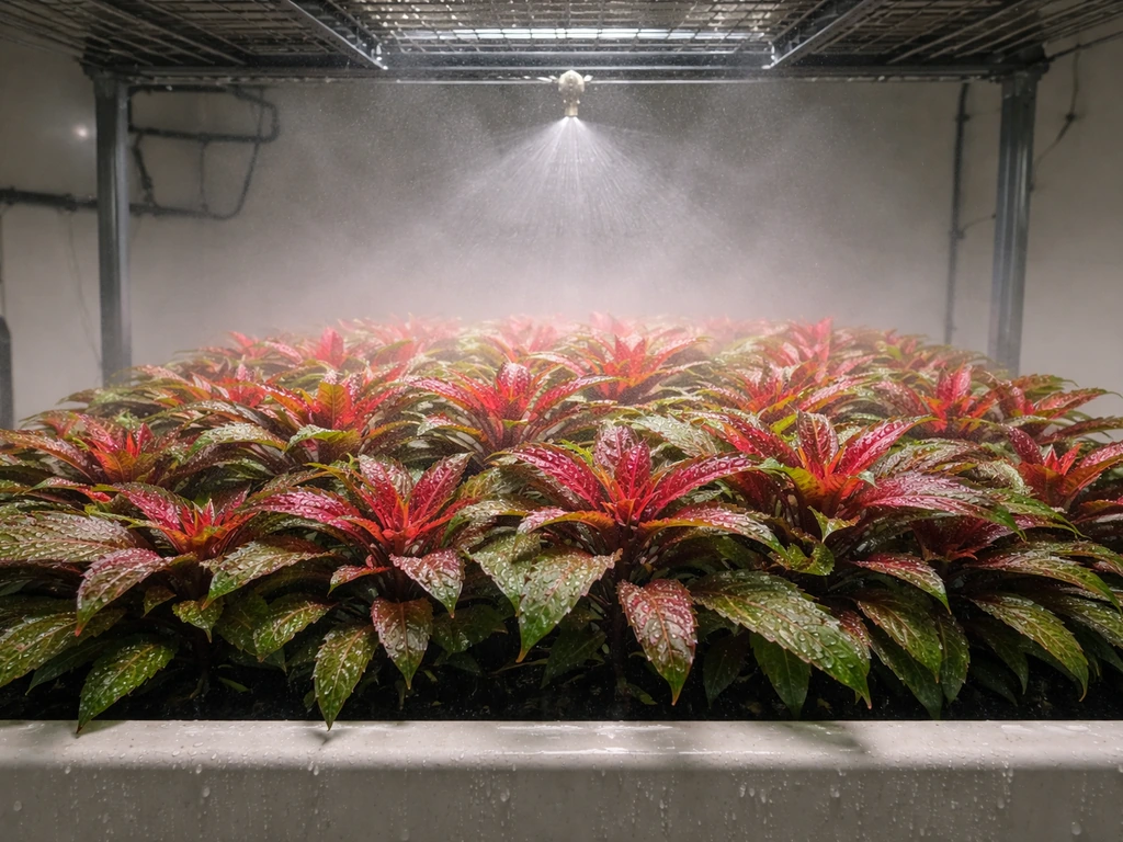 Indoor grow room with a leafy Dragon’s Breath plant sprouting under overhead sprinkler misting.